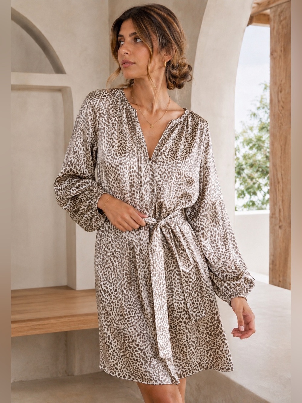 NWT Banana Republic Heritage Silk Blend Animal Long Sleeve Tie Dress Medium Ecru - Picture 3 of 12